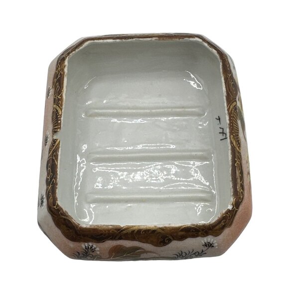 Vintage 40s Asian Art Porcelain Trinket Box Lidded Handle Floral Butterfly - Picture 11 of 13